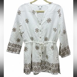Charter Club 100% Linen White Tunic with Bronze Floral Design- size 14